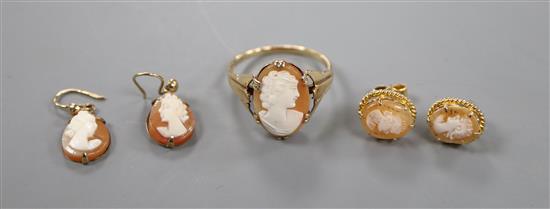 Two pairs of 9ct gold and cameo set earrings and a 9ct and oval cameo set dress ring.